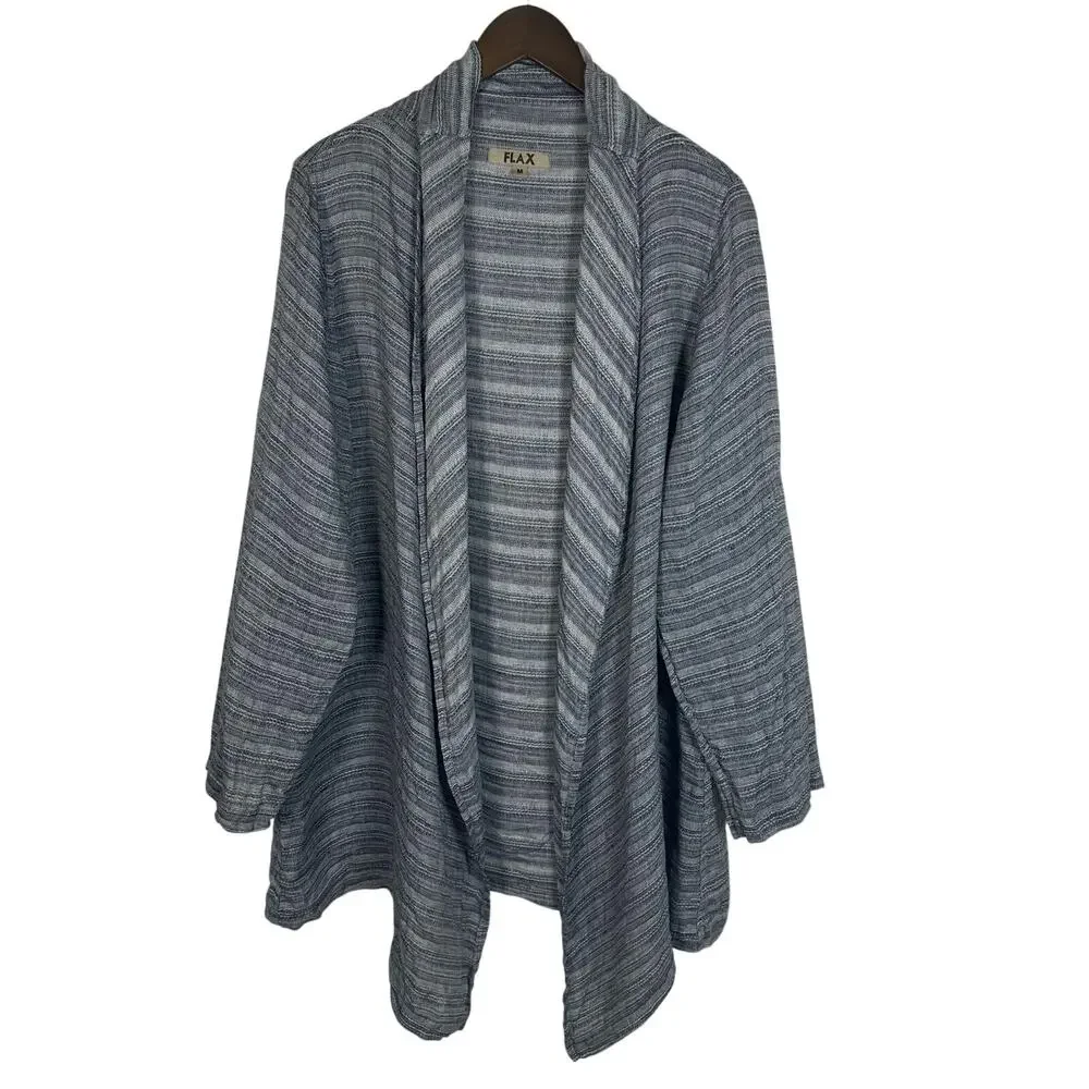 Flax Linen Women's M Zen Duster Jacket Navy Blue Stripe Oversized Lagenlook Boho
